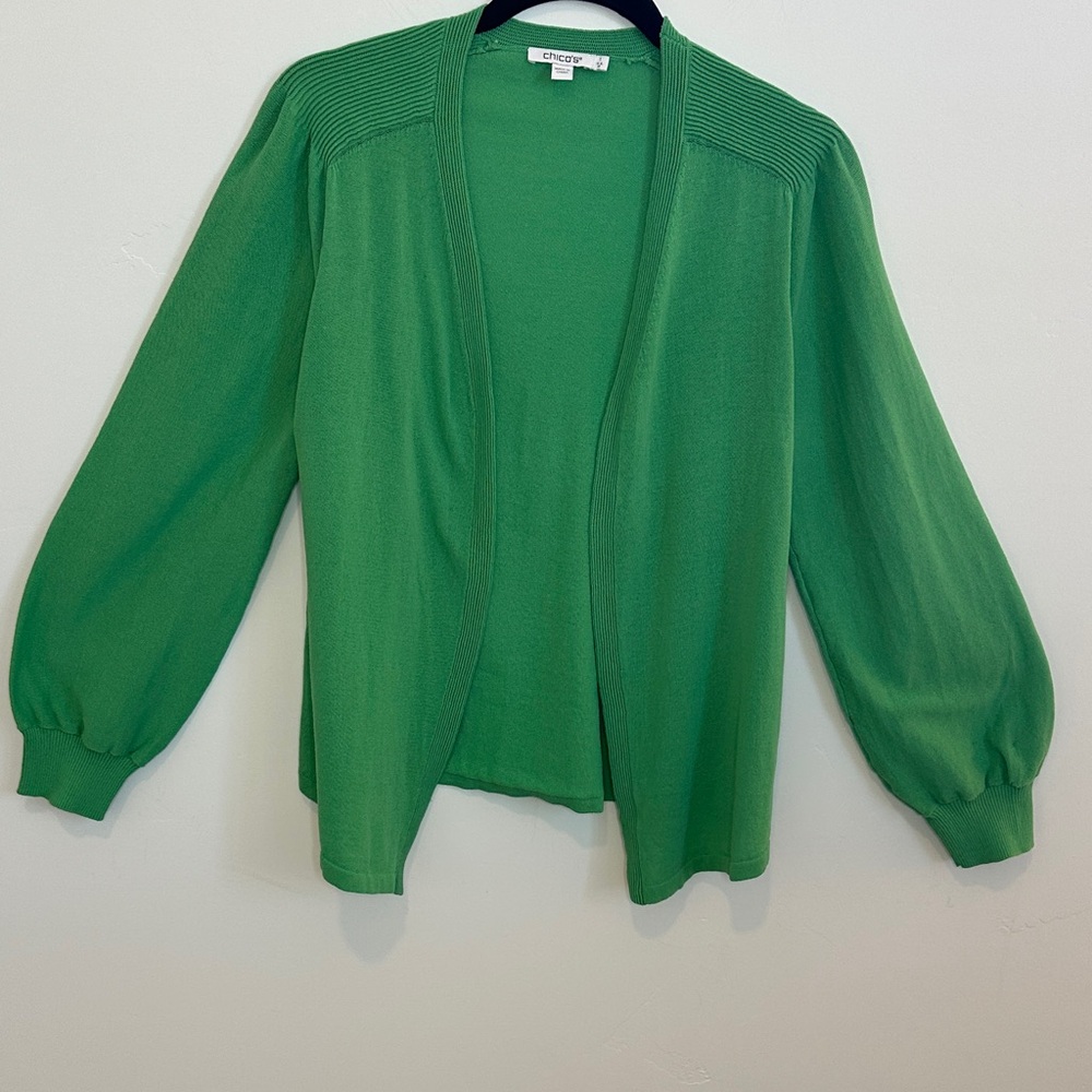 Chico's Vibrant Green Open-Front Cardigan, balloon sleeves Medium/Chico’s Size 1